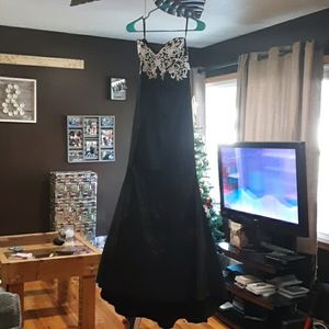 Black fit and flare gown with lace applique